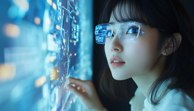 young Asian women with smart glasses at an interactive sreen