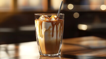 A creamy dessert drink with caramel drizzle.