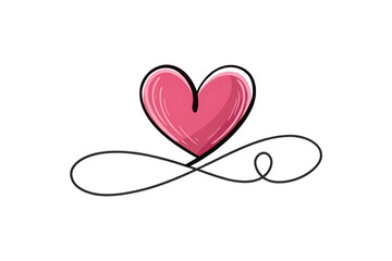 A playful pink heart with minimal black outlines, sitting atop an infinity loop, symbolizing infinite love and simplicity, isolated on a transparent background