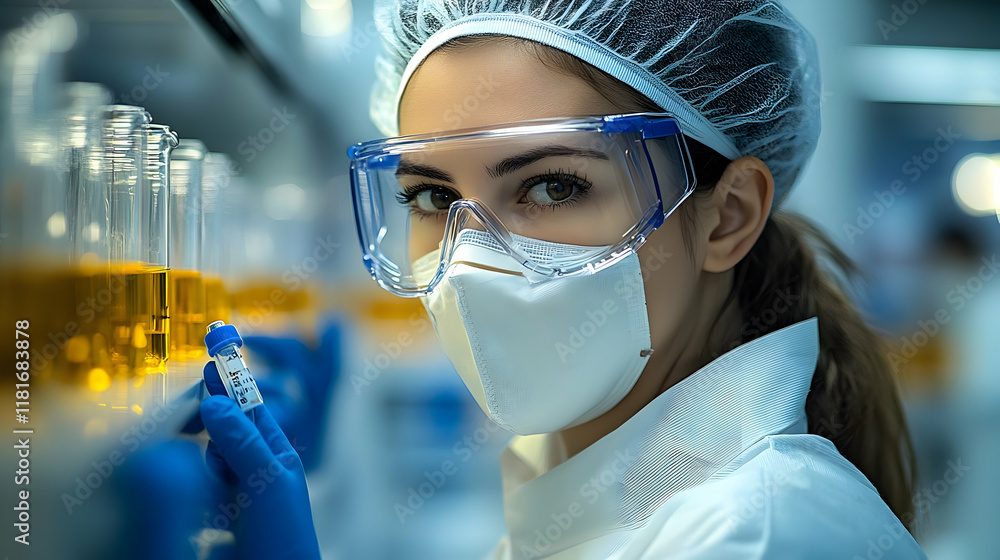 Poster scientist analyzes liquid sample in lab carefully and precisely with mask
