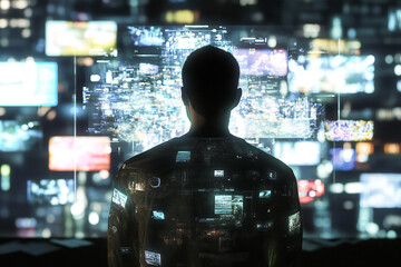 cyberspace with animated interfaces of social networks, online video games, videos, news and internet content