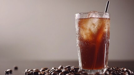 A glass of iced coffee with coffee beans nearby.