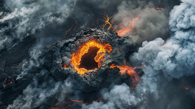 A fiery demon emerging from a crack in the earth, surrounded by molten lava and ash clouds - Powered by Adobe
