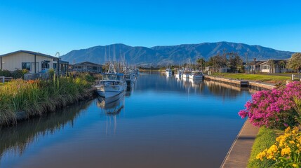 Fototapeta premium Calm Canal Boats Docked Peaceful Mountain View