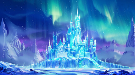 A frozen castle surrounded by towering ice shards under the aurora borealis