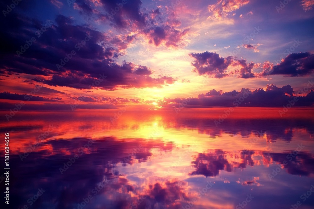 Poster breathtaking sunset over calm water with colorful clouds creating a stunning reflection in a serene 