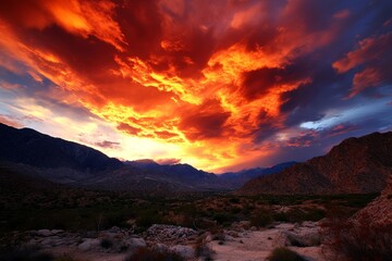Breathtaking Sunset Over Mountain Range with Fiery Clouds and Dramatic Sky Illuminating Desert Landscape at Dusk