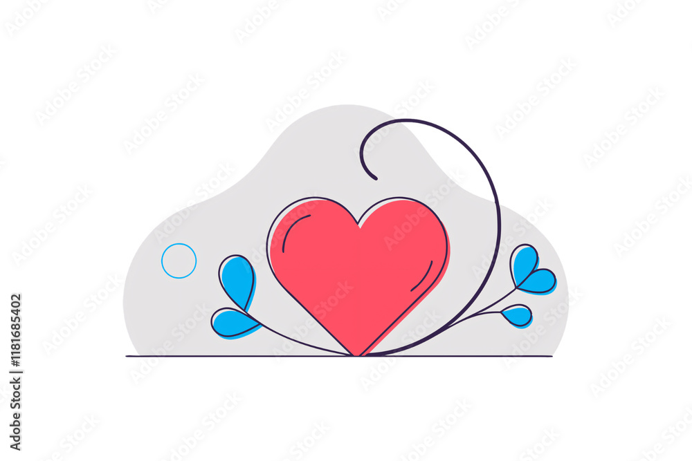 Poster a vibrant red heart on a soft cloud-like background, enhanced with blue leaves and curved lines, sym