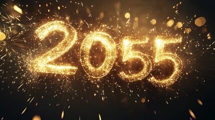 The shimmering digits '2055' radiate golden sparkles in a celebratory atmosphere, symbolizing a futuristic year.