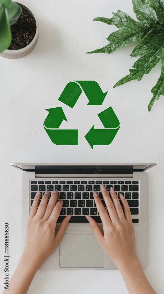 Poster office worker typing on laptop with recycle symbol on screen promoting eco friendly practices and su