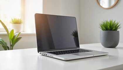 Fototapeta premium Closed laptop on modern table in home office, peaceful productivity