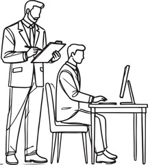 Business Leader with Clipboard Guiding Employee  Vector Line Drawing