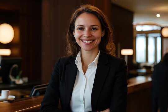 Smiling woman in a professional outfit stands confidently in a modern hotel lobby during the day