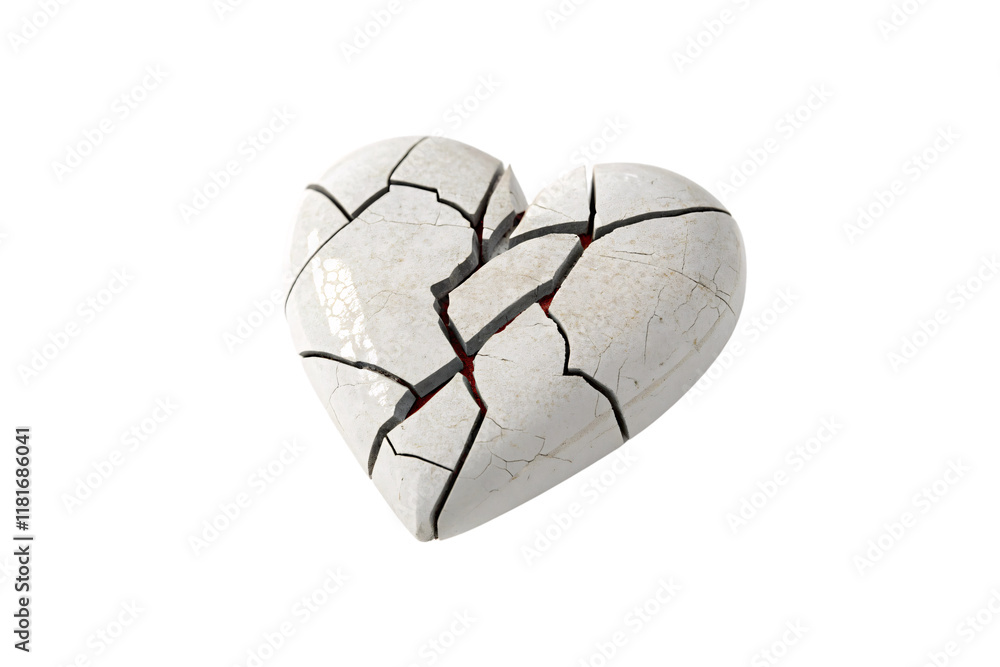 Poster a white cracked heart with deep fissures exposing a faint red core, symbolizing fragility and hidden