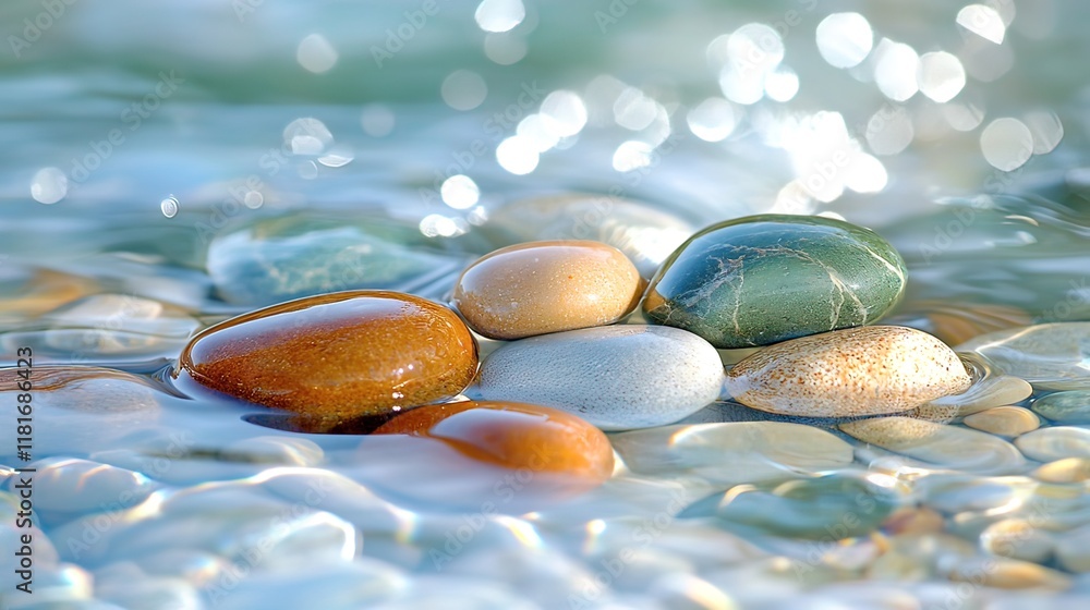 Poster smooth, colorful stones partially submerged in clear, shallow water with gentle wave motion and boke