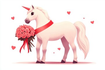Adorable Unicorn with Red Roses Bouquet Valentine s Day Illustration Romantic Fantasy Art