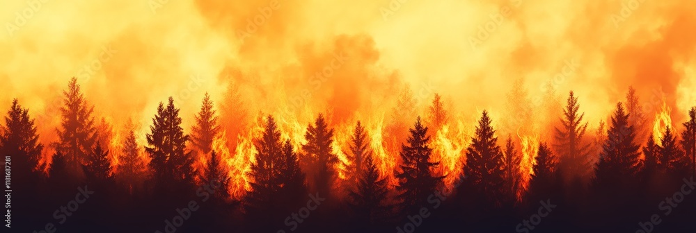 Poster intense flames rise above the silhouettes of coniferous trees, creating a dramatic scene of a devast