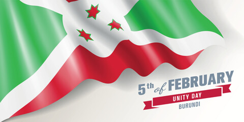 Burundi unity day vector banner, greeting card. Burundian wavy flag in 5th of February national patriotic holiday horizontal design