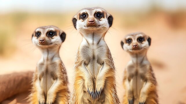 Curious meerkats on the lookout in a desert setting, standing tall on sandy ground with a soft natural backdrop.