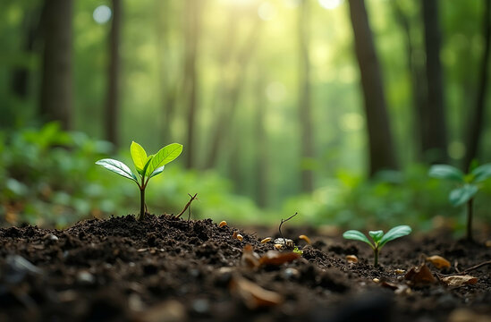 A serene forest with young saplings growing on reforested land. Sustainable and Eco-Friendly Living. Generative AI