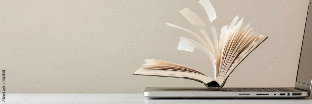 Poster open book with turning pages over a laptop on a desk with a blank wall in the background, suggesting