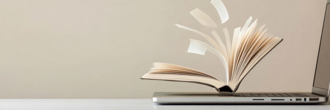 Open book with turning pages over a laptop on a desk with a blank wall in the background, suggesting online education, digital publishing or e learning