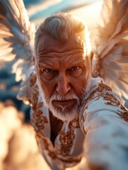 An ethereal image of a man with angelic wings soaring through the clouds during sunset, evoking feelings of freedom, hope, and spirituality along with a stunning display of light.