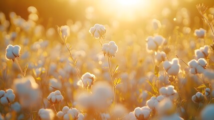 Fototapeta premium Sunlit cotton field glows during golden hour, showcasing white fluffy bolls among plants. Natural backlit creates dreamy atmosphere in peaceful rural landscape during harvest season.