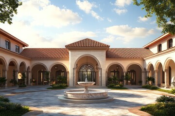 Fototapeta premium A Mediterranean-style luxury estate with terracotta roofs, large archways, and a courtyard centered around a marble fountain