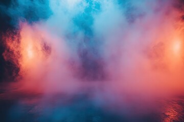 Fototapeta premium Vibrant fog envelops a stage, creating a captivating atmosphere for a nighttime performance in vivid colors