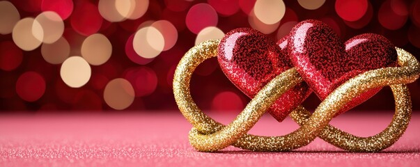 Sparkling Red Hearts Intertwined with Gold Glitter Romantic Valentine s Day Concept