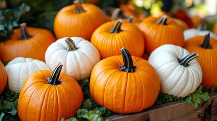 Obraz premium Pumpkins and Gourds Displayed Beautifully on Rustic Crate