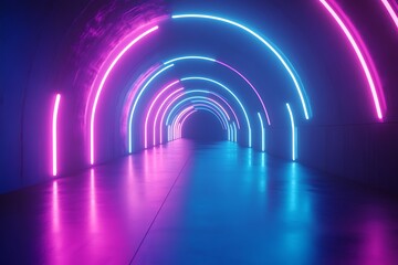Abstract blue and purple light rays background with neon glowing lines, creating a speed motion effect, like a fast tunnel.