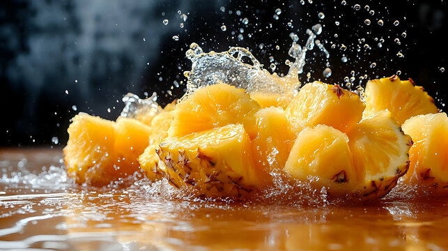 Pineapple Chunks Splash into Water Refreshingly with Juicy Fruit