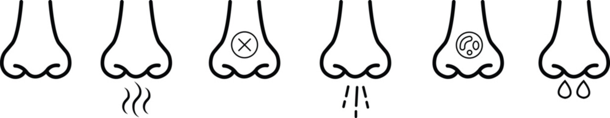 Nose icon set related with nasal. Contains monochrome line vector collection like nasal, smell, organ, breathe, sneeze, sniff and more. Simple outline sign isolated on transparent background.