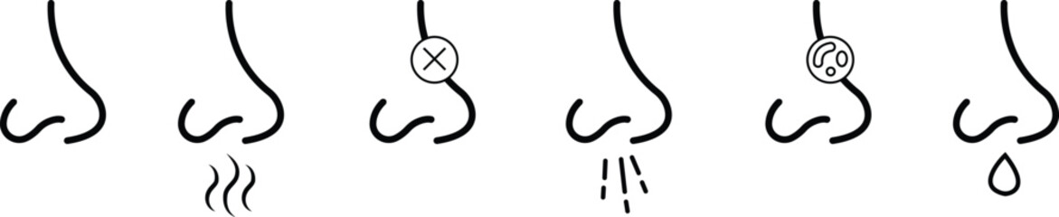 Nose icon set related with nasal. Contains monochrome line vector collection like nasal, smell, organ, breathe, sneeze, sniff and more. Simple outline sign isolated on transparent background.