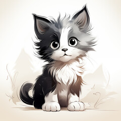 Fototapeta premium A small gray cartoon kitten with a white fluffy breast and white paws, kind and sweet, sits on the ground, isolated on a white background, without people, color sketch