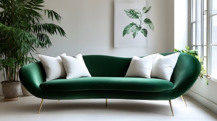 Dark forest green velvet sofa with curved modern design and gold metal legs features white throw pillows, complementing botanical wall art in Scandinavian-style living room.