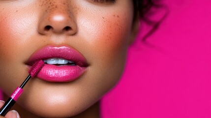 A close-up image capturing vivid pink lips with a glossy finish, accentuated by natural freckles, exuding youthful energy and bold femininity against a vibrant backdrop.