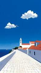 Coastal Town Illustration, Sunny Day