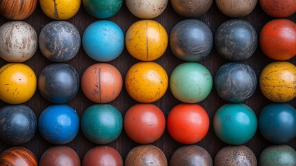 Colorful collection of vintage bocce balls neatly arranged in rows on a wooden surface.