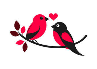 Two cute birds sitting on a tree branch surrounded by spring flowers and hearts