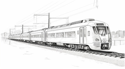 Modern train sketch. Pencil hand drawing image. Railway transport engraving sketch style. Travel agency. Black and white. Ai generation	