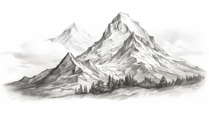 Mountains, mountain landscape, mountain peaks, spruce forest, at the foot of the mountains, coniferous, trees, clouds, simple, black and white sketch, painting, image for printing on a T-shirt