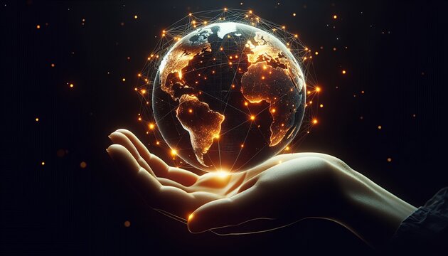 A glowing digital hand cradles a vibrant illuminated globe representing global technology, innovation and data control.