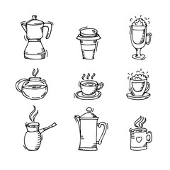 set of coffee accessories, cups and teapots, hand drawn in cartoon style.