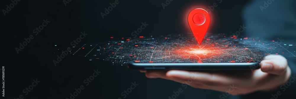 Aufkleber Businessman holding mobile phone with futuristic red location pin hovering over digital map, representing innovative navigation technology and precise location tracking