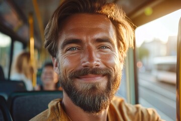 Man, business entrepreneur and morning bus ride to the office for public transport, commute and travelling. Single male, employee and person in city transportation for travel or urban, Generative AI