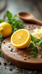 Citrus Slice Preparation, A Wooden Board with Fresh Lemon, Parsley, and Coarse Seasoning
