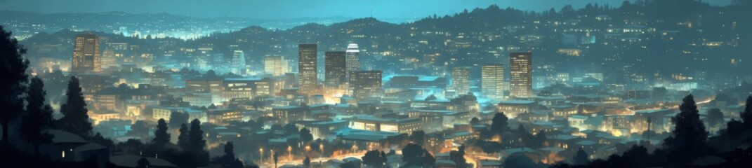 Fototapeta premium Nighttime view of Los Angeles skyline with Griffith Observatory visible on the right